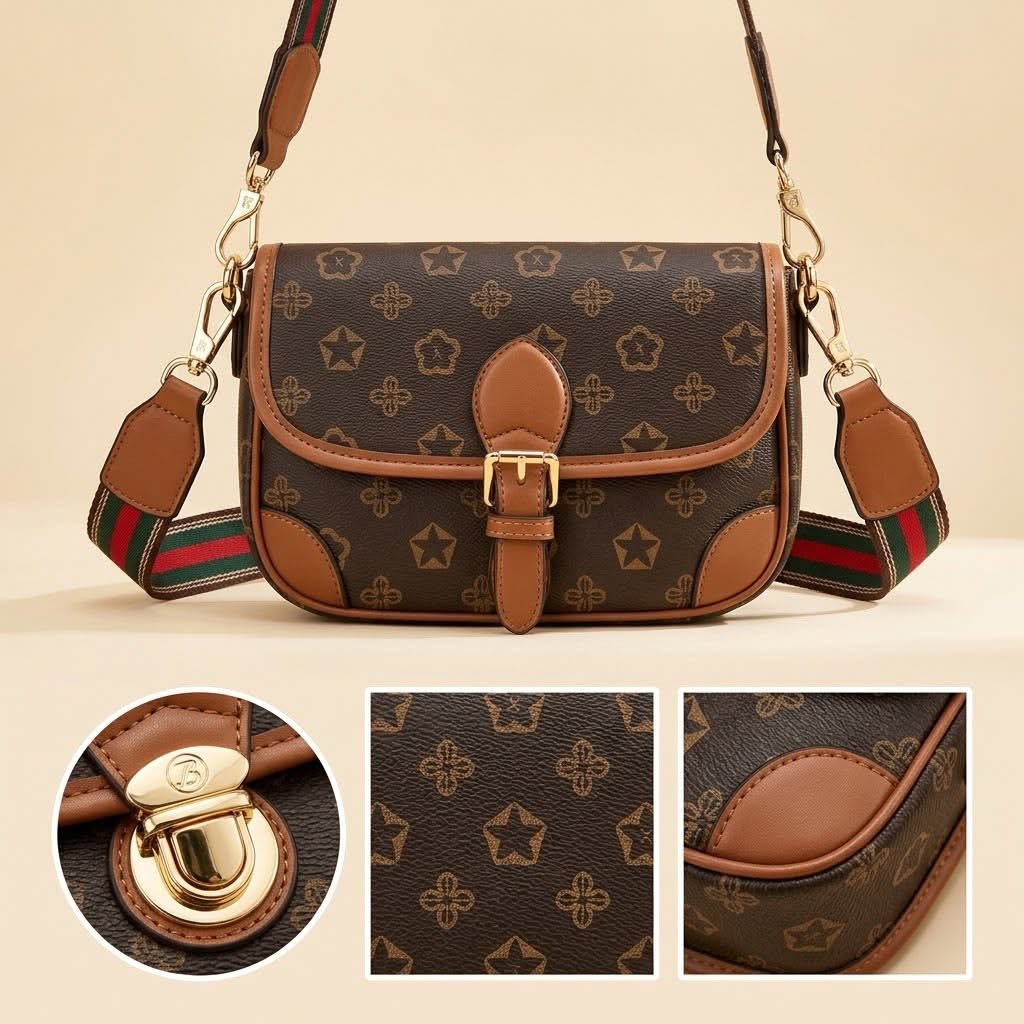 Vintage Monogram Buckle Crossbody Bag - Coffee Brown