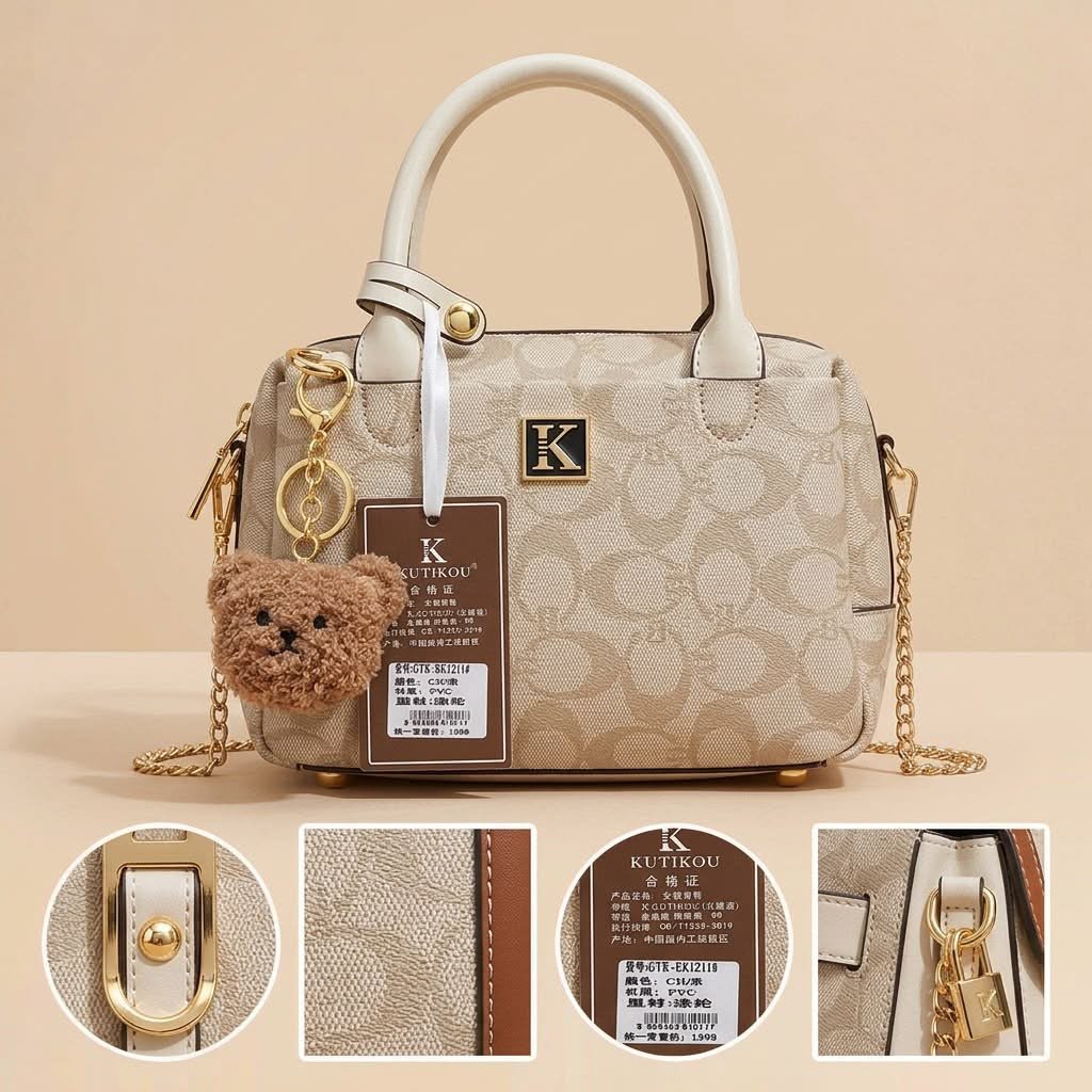 KUTIKOU K Boston Pillow Bag With Teddy Keychain - Cream Beige