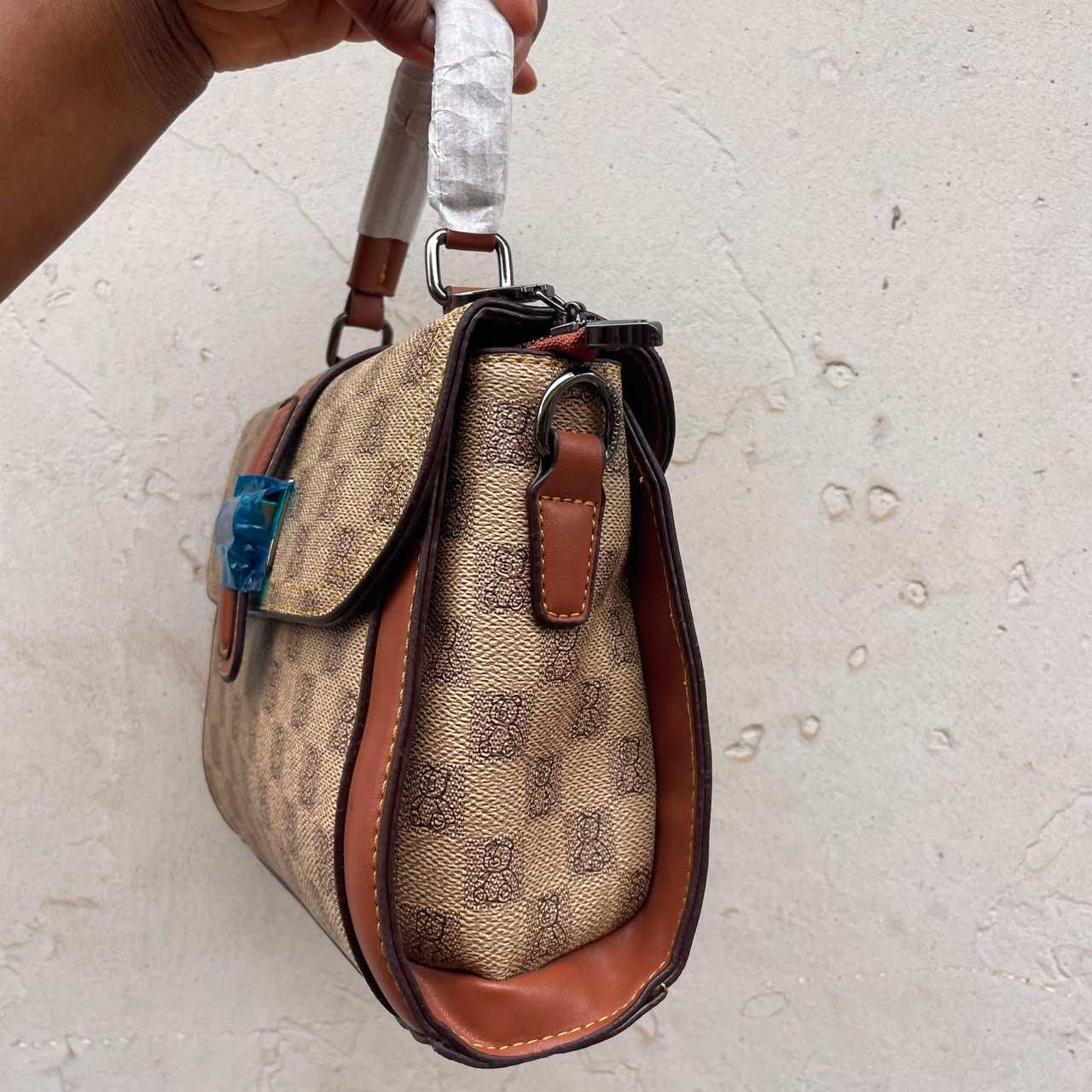 Teddy Bear Monogram Top-Handle Satchel - Brown / Beige image 3